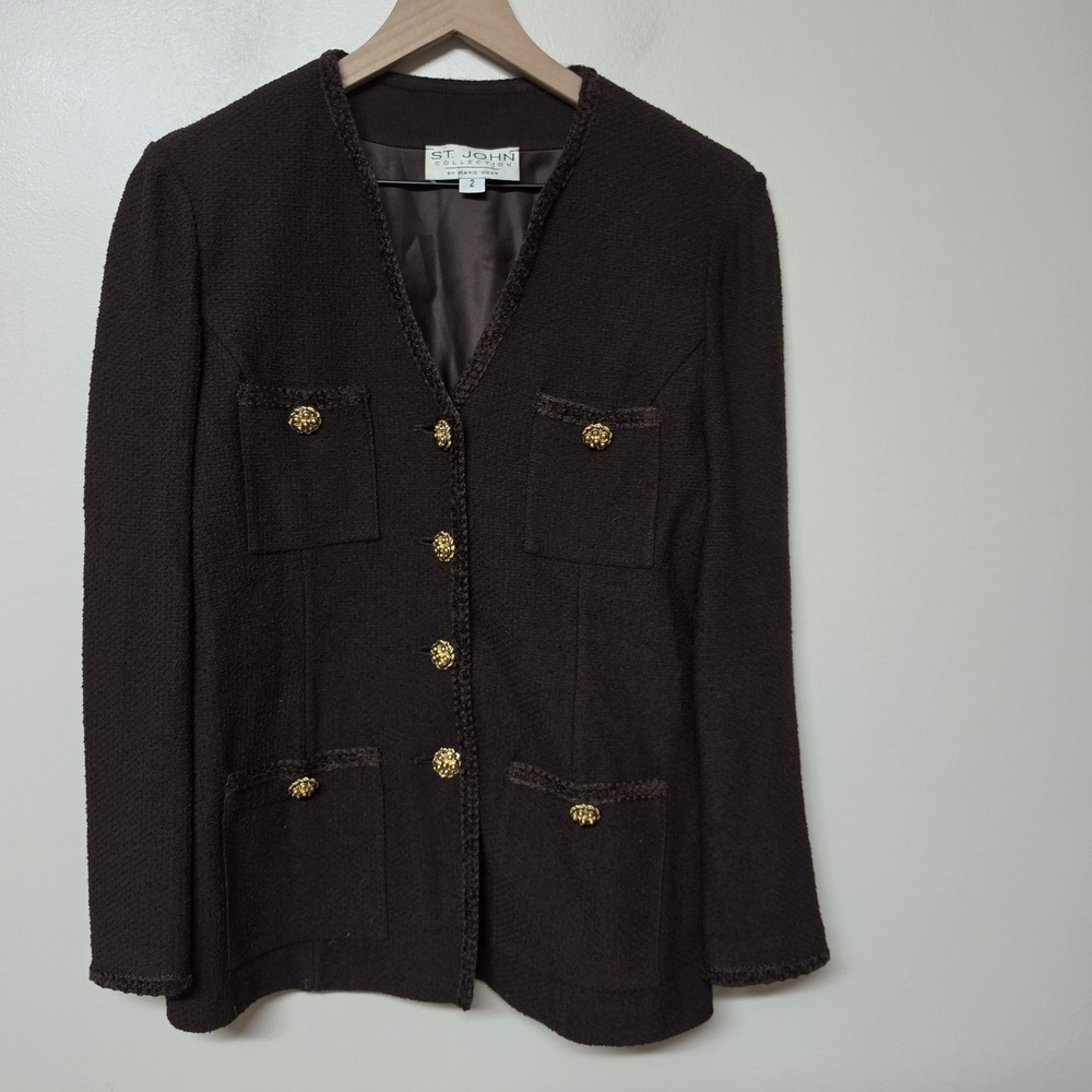 St. John Collection Marie Gray Brown Knit Blazer Jacket Gold Button Womens Sz 2